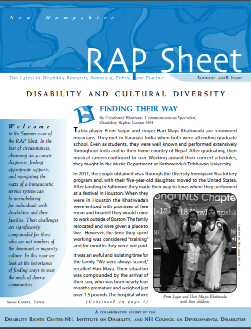 Image of cover of RAP Sheet "Disability and Cultural Diversity". Includes and article titled "Finding Their Way" and a picture of a family.