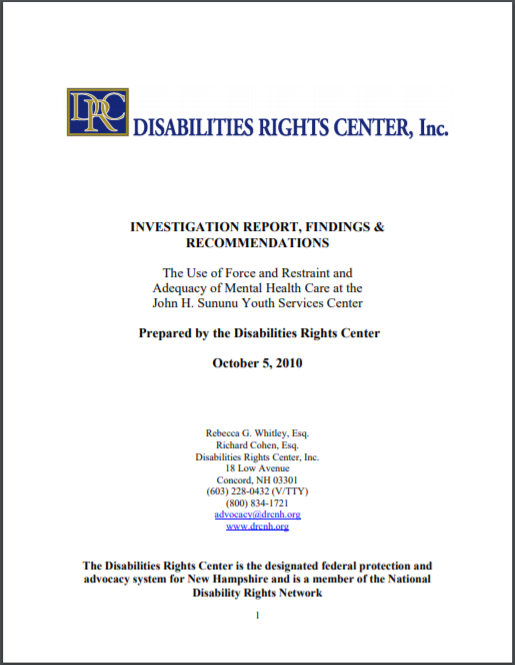 Image of cover page of DRC-NH Report: The Use of Force and Restraint and Adequacy of Mental Health Care at the John H. Sununu Youth Services Center