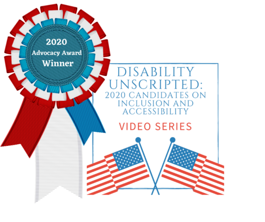 Red, white, and blue ribbon with "2020 Advocacy Award Winner" next to Disability Unscripted logo