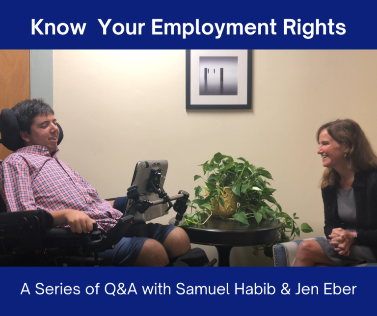 A smiling Samuel and Jen sit in an office chatting. Text reads 'Know Your Employment Rights, A Series of Q&A with Samuel Habib & Jen Eber'.