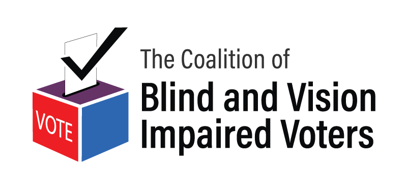 Coalition of Blind and Vision Impaired Voters Logo which includes a graphic of a voting box with the word VOTE on one side and a ballot entering a slit on the top of the box with a large black check mark. The box is red, blue, and purple.