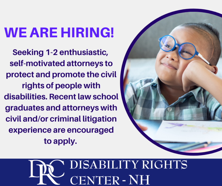 Child with medium skin tone, glasses, and a visible scar along their hair line sits at a table day dreaming. Text reads 'We Are Hiring! Seeking 1-2 enthusiastic, self-motivated attorneys to protect and promote the civil rights of people with disabilities. Recent law school graduates and attorneys with civil and/or criminal litigation experience are encouraged to apply.