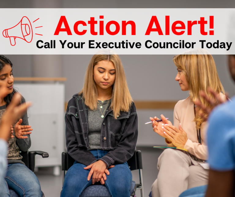 Teens with various skin tones sit in a circle during a group therapy session. Text reads 'Action Alert! Call Your Executive Councilor Today'