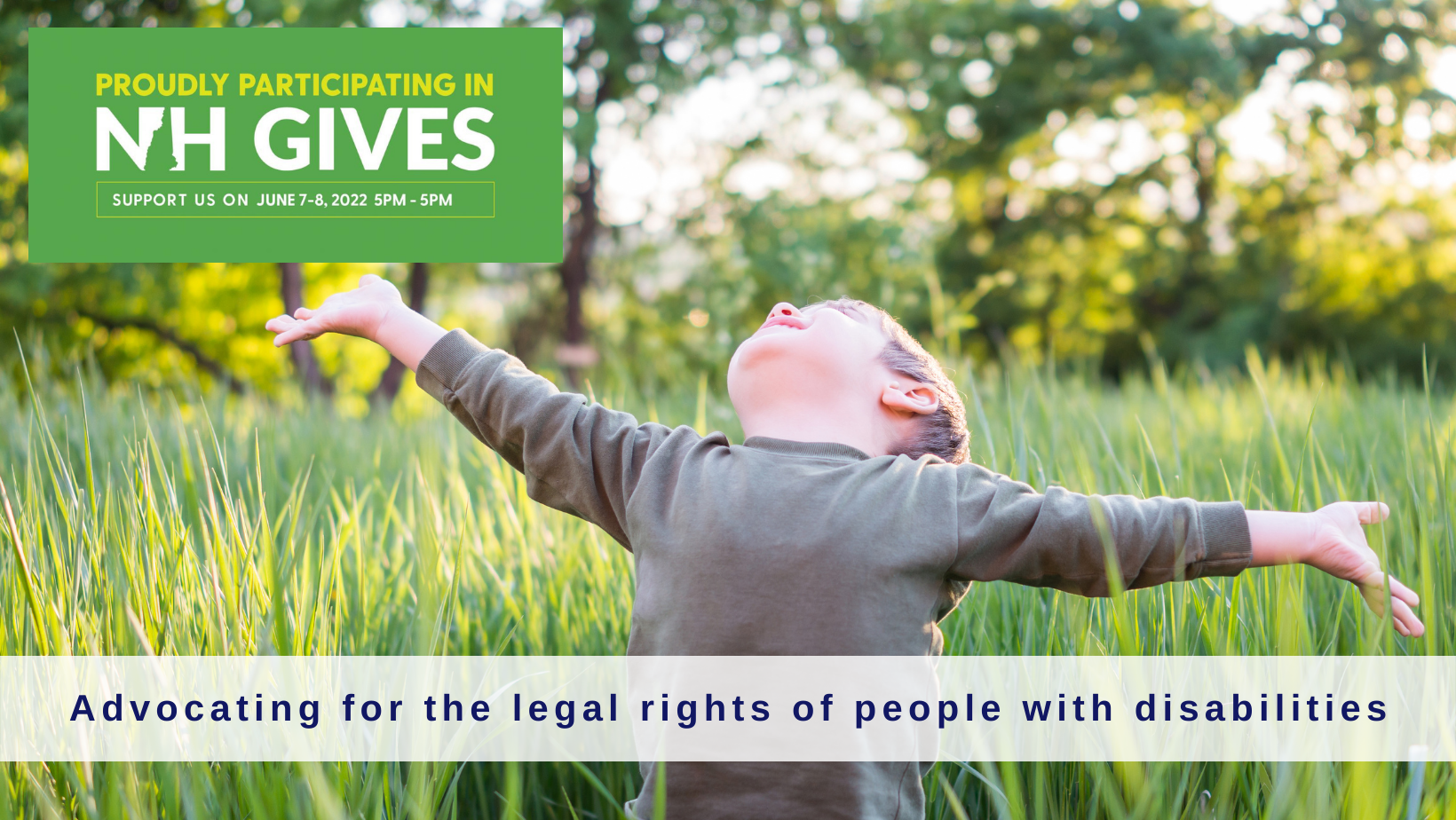 Young child with light skin tone leans back with open arms while standing in a field of green and yellow grass. NH Gives logo in top left corner and text along the bottom reads 'Advocating for the legal rights of people with disabilities'
