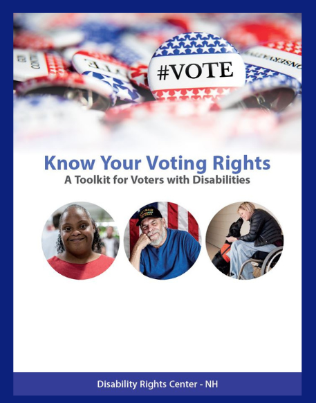 Cover page of voting rights toolkit with '#vote' buttons across the top and images of three people with varying skin tones and disabilities below text that says 'Know Your Voting Rights, a Toolkit for Voters with Disabilities'