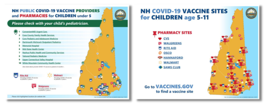 Maps of NH showing locations of vaccination sites for different populations.